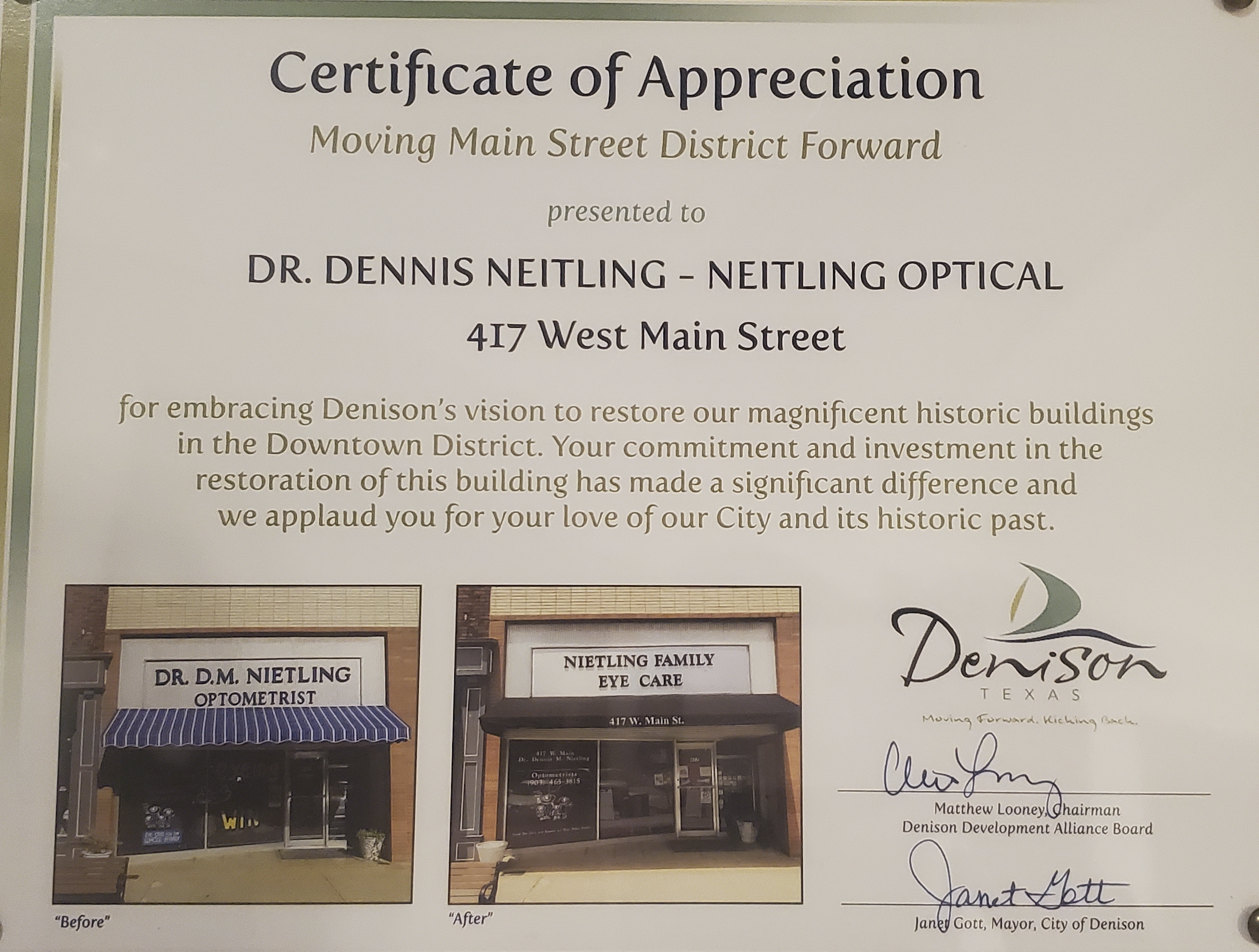 Nietling Optical Awarded for Downtown District Revitalization